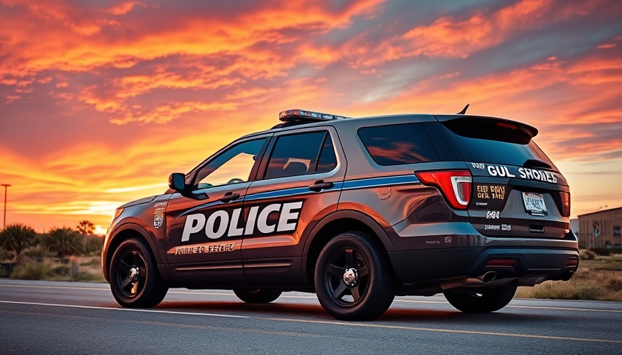 Gulf Shores police SUV with vibrant sunset sky.