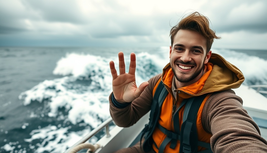 Adventurous young man on boat, ocean backdrop, shark bite incident.