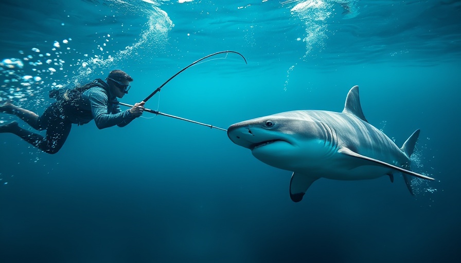 Diver encountering sharks while spearfishing in ocean.