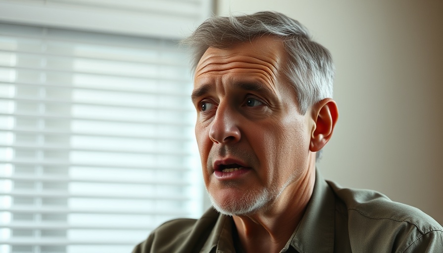 Middle-aged man discussing a topic indoors.