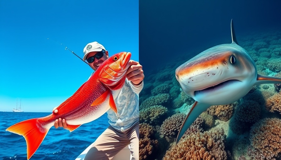 Shark resurgence impact on fishermen: split image of fisherman and shark.
