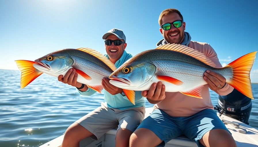 Enthusiastic men holding redfish on a boat in shallow water fishing scene.