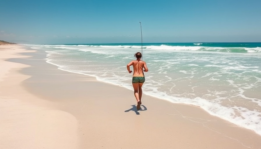 Energetic individual surf fishing on a sandy beach under a clear sky.