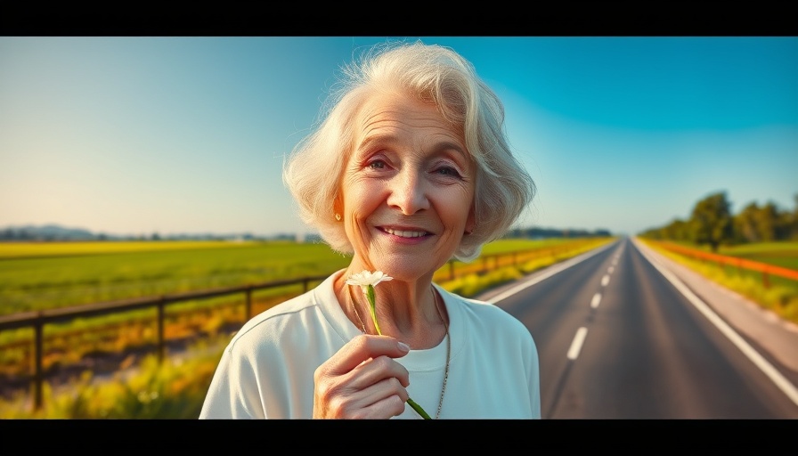 Elderly woman on highway searching for a grave, cinematic scene.