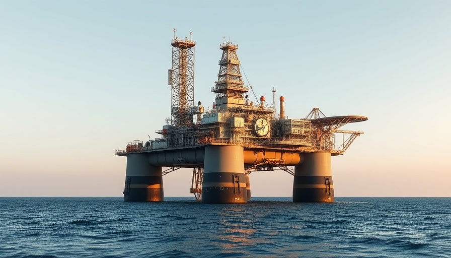Offshore oil rig in the Gulf of America, calm waters.