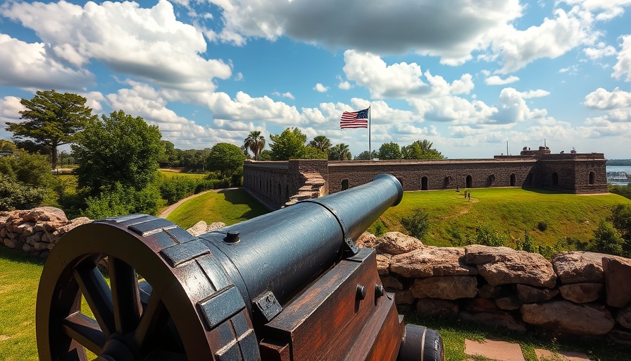 Historical cannon and US flag at Fort Barrancas opening event, sunny day.