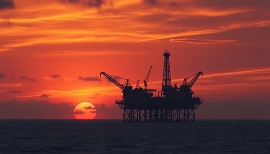 Offshore oil platforms silhouette at sunset, Oil Discovery at Walker Ridge.