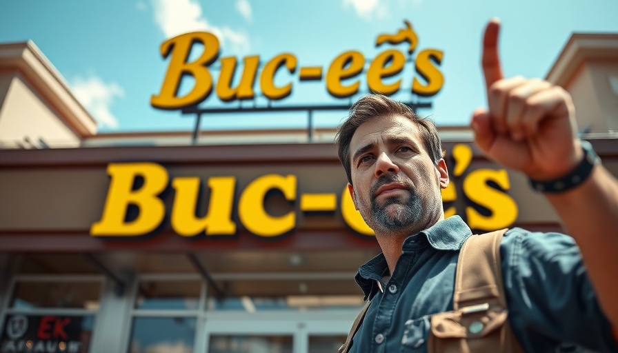 Buc-ee's food experience with man in front of logo, pointing.