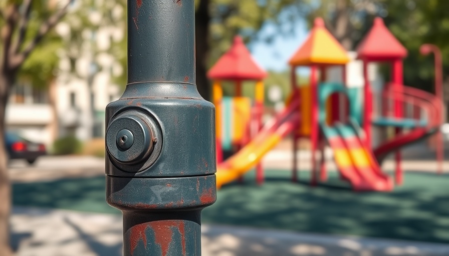 Rusted fixture in Pensacola park needing renovation, playground blurred in background.