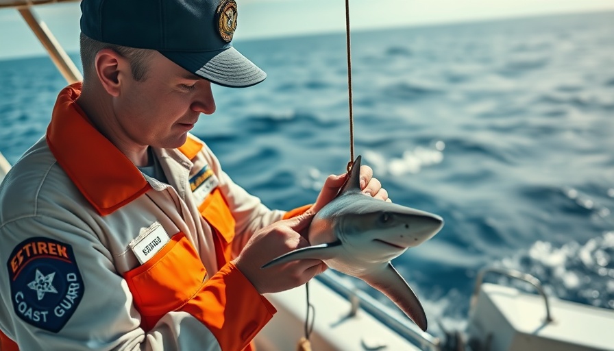 Coast guard officer removing illegal fishing gear from a small shark.