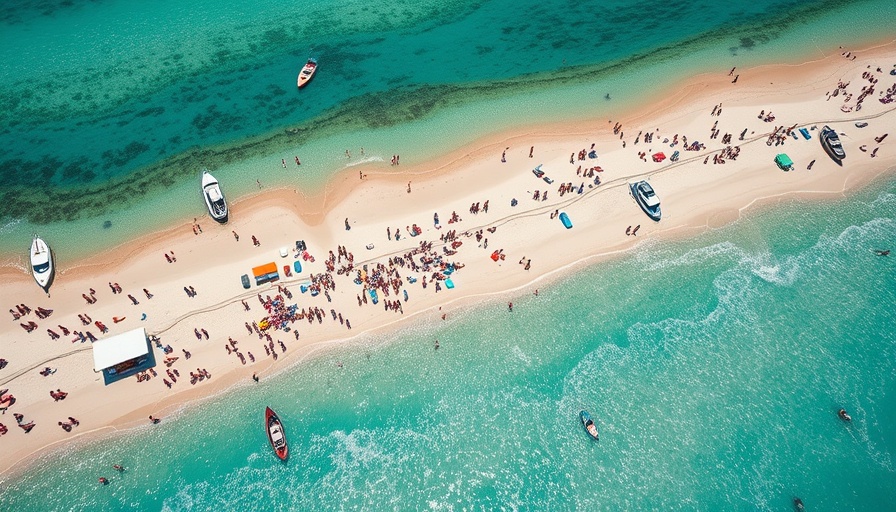 Aerial view of Alabama Gulf Coast beach with anchored boats and people.