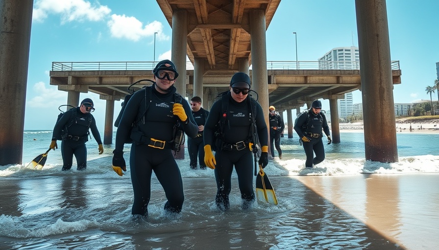 Divers ready for Dive Against Debris cleanup under a pier.