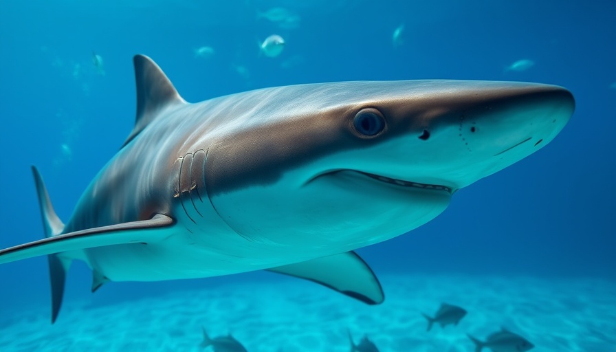 Large shark in Galveston waters, underwater view.