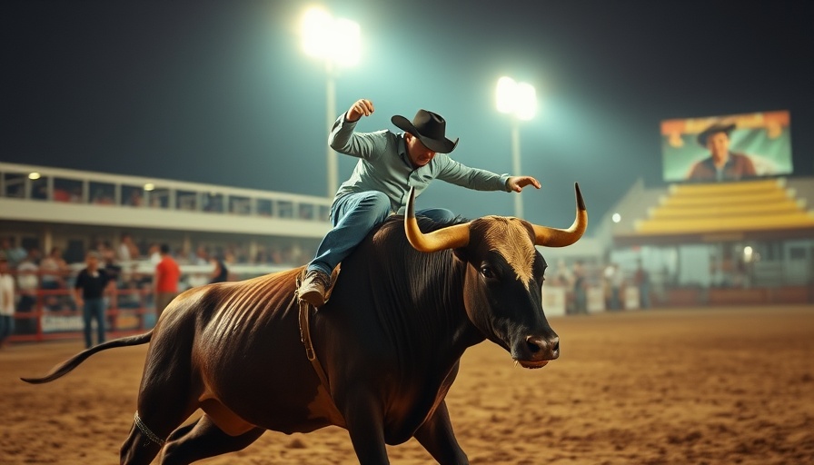 Cinematic bull riding event at Alabama coastal beaches.