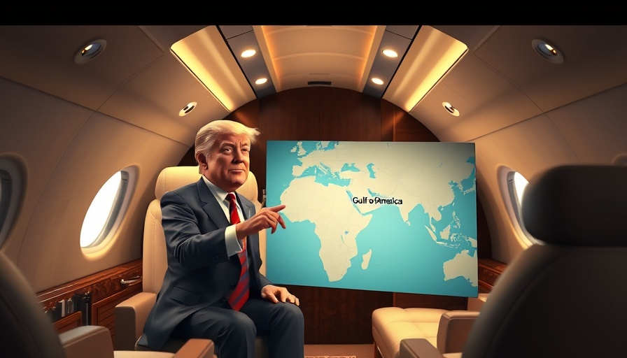 Animated presidential figure on jet holding 'Gulf of America' map, luxurious cabin.