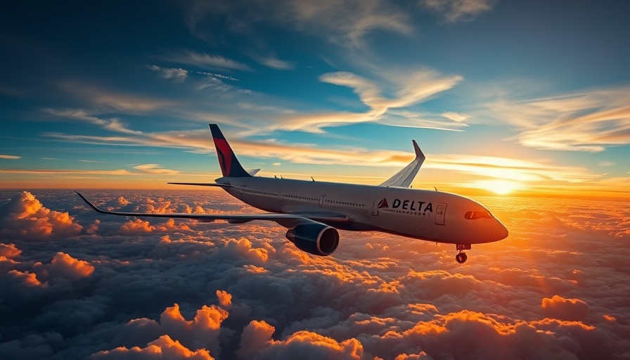 Delta Air Lines airplane flying through clouds at sunset