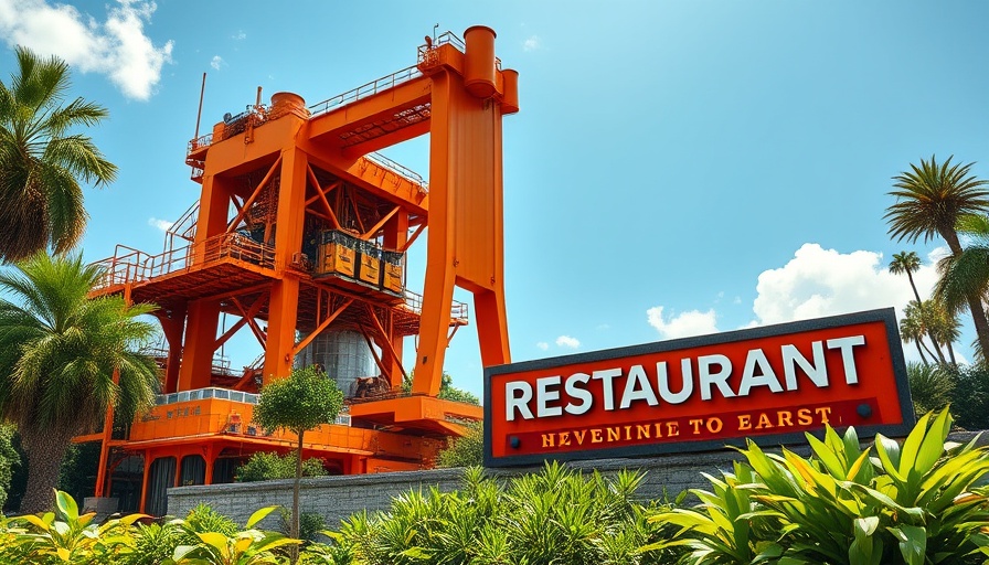 Heavy-lift vessel Pensacola near restaurant, industrial scene.