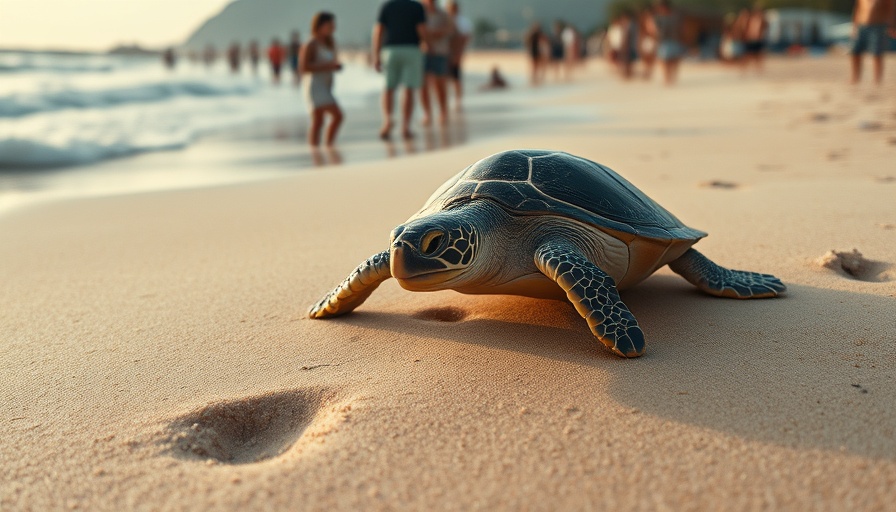 Sea turtle moves towards ocean on busy beach, highlighting beach wildlife.