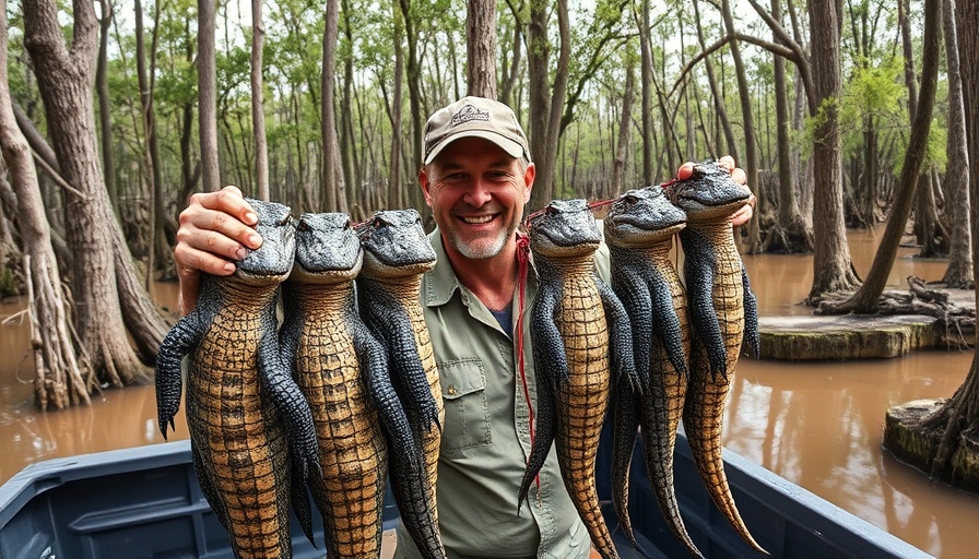Smiling man with alligators in truck, Louisiana swamp daytime.