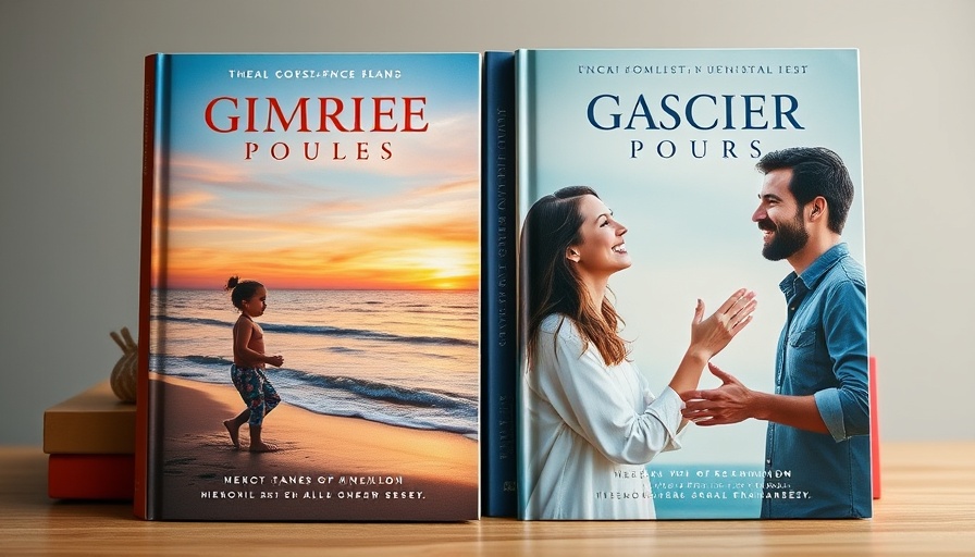 Book covers with warm beach and smiling figures, Gulf Coast women event theme.