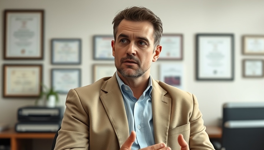 Confident man discussing free speech vs. professionalism in an office setting.