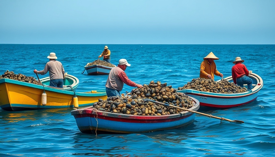 Alabama oyster harvest: fishermen gathering oysters on boats.