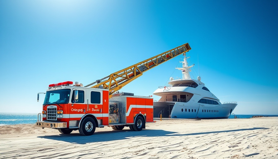 Orange Beach rescue scene with firetruck and ship.