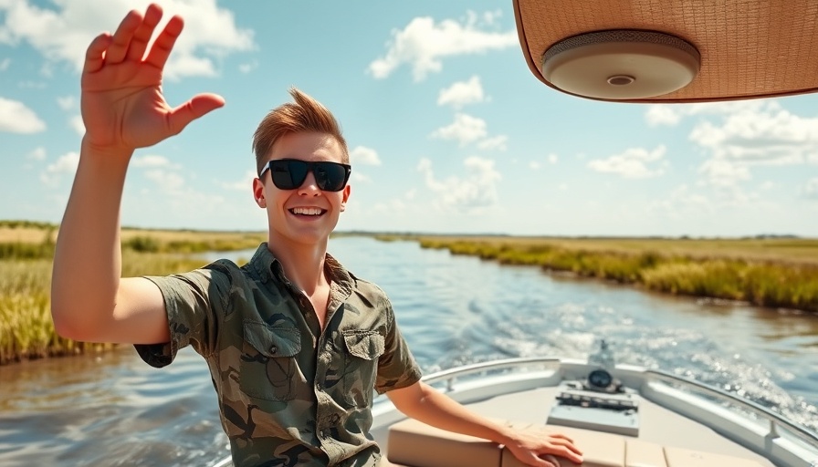 Boater gestures animatedly during private land alligator hunting in Louisiana.