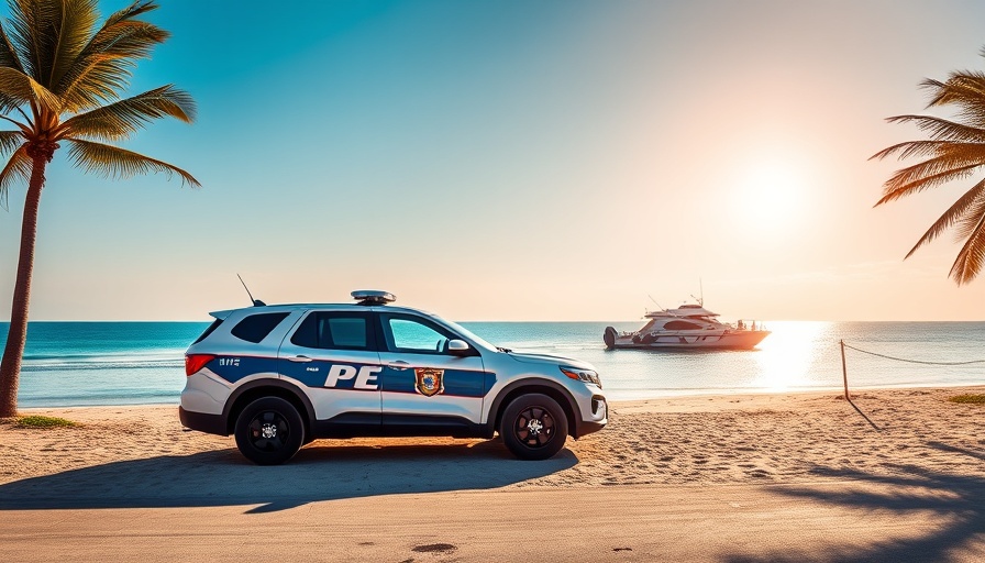 Police SUV and boat at Orange Beach under sunny skies.