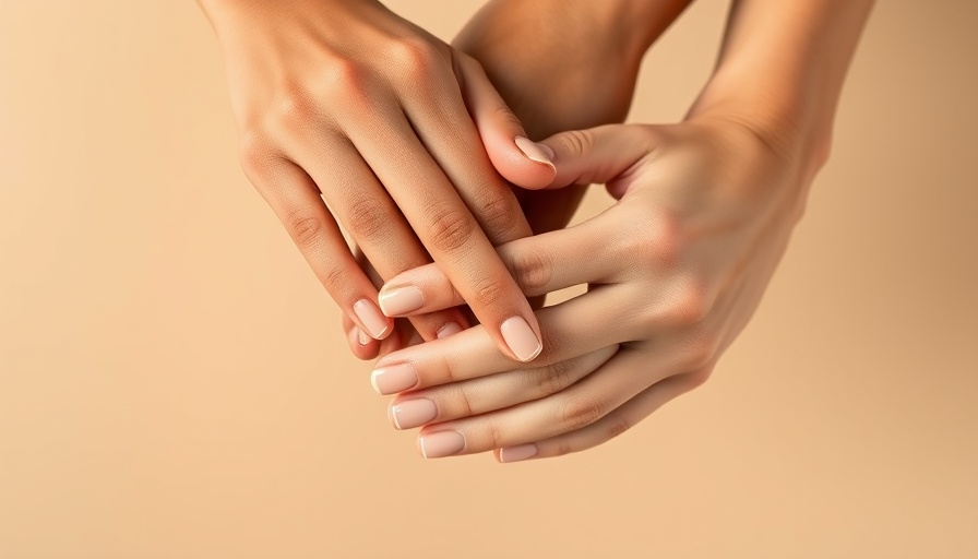 Elegant hands with nude nail polish against a beige background.
