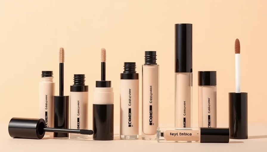 Selection of best concealers for mature skin on beige background.