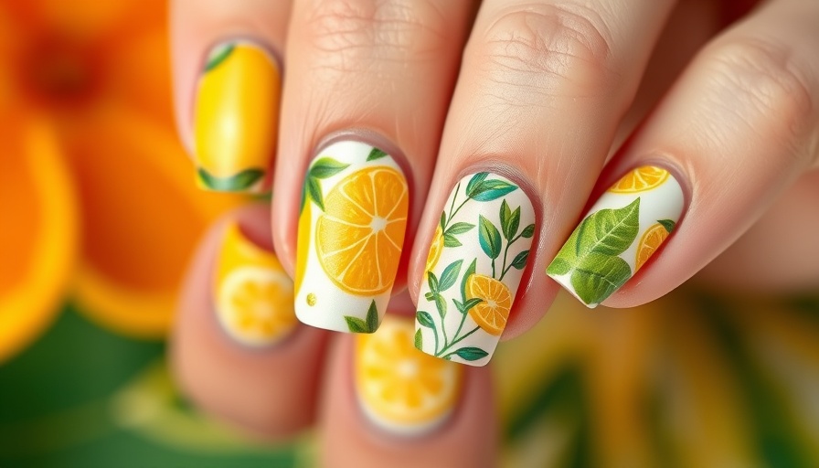 Vibrant summer nail art with lemon and palm designs, perfect for sunny days.