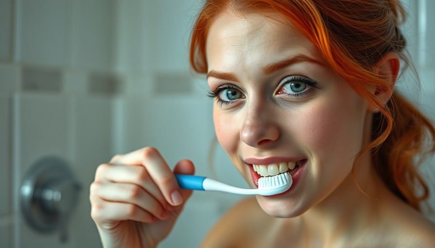 Young woman practicing simple tooth brushing habits in a tiled bathroom.