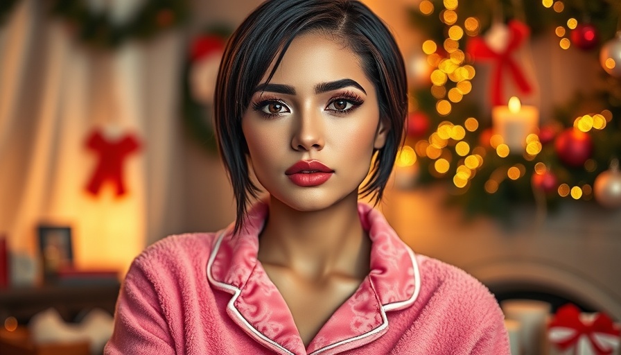Chic short wet hair look with festive pink pajamas.