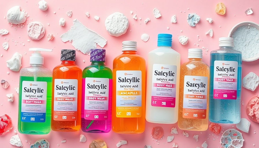 Array of salicylic acid body wash bottles on pink background.