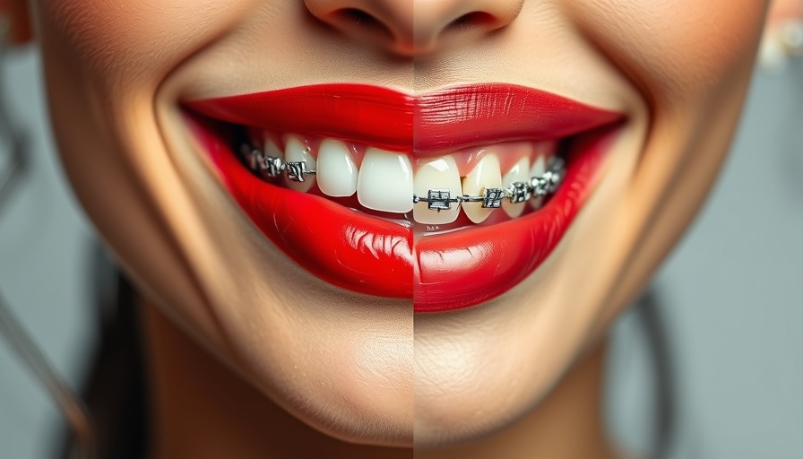 Comparison of lips with red lipstick and braces.