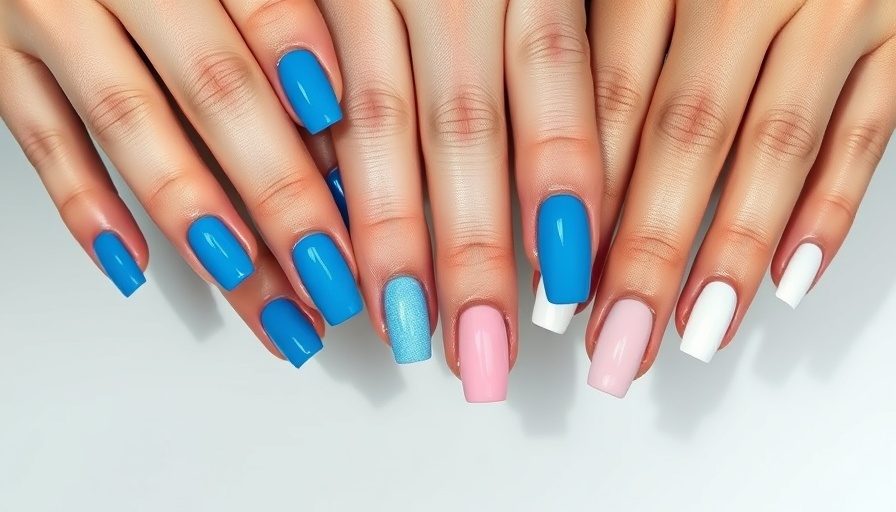 Stylish summer nail color trends: blue, pink, and white nails.