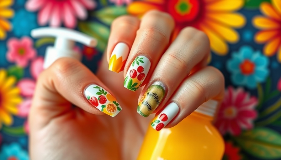 Summer nail designs with fruits, next to a skincare bottle.