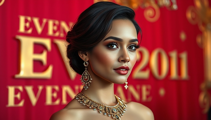 Elegant woman at gala in ornate gold jewelry with turquoise mascara