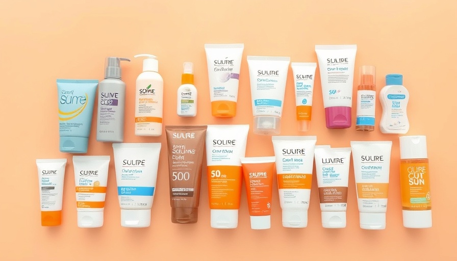 Assorted sunscreens for melasma displayed against a peach background.