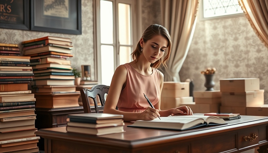 Elegant woman writing at desk in cozy, sunlit room.