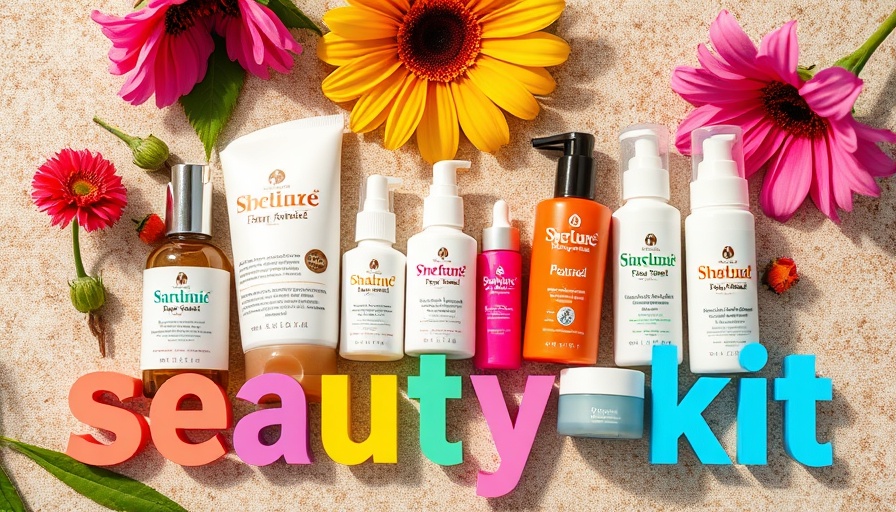 Summer beauty kit essentials displayed with vibrant text overlay.