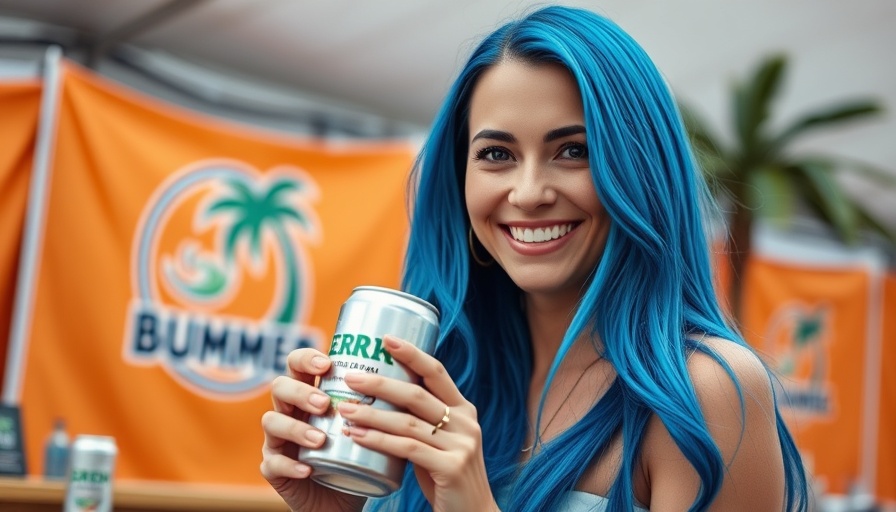 Woman holding drink with long blue hair at event, smiling.