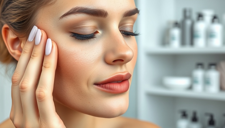 Woman's daily skincare routine with serene expression in modern bathroom.