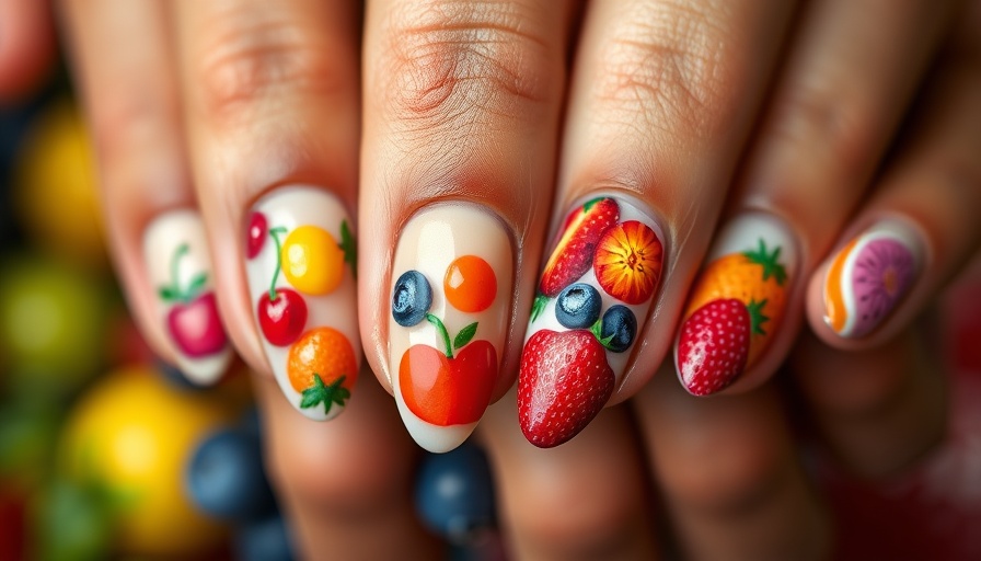 Vibrant micro fruit nail art designs on diverse hands.