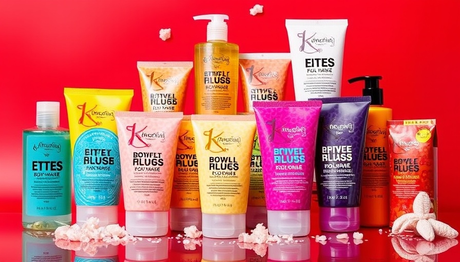 Assorted exfoliating body washes with vibrant packaging on red background.