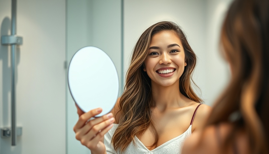 Radiant woman smiling in mirror, Glow Health & Beauty routine