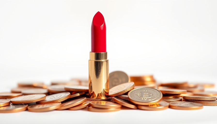 Beauty Innovation: Red lipstick with copper coins, modern elegance.