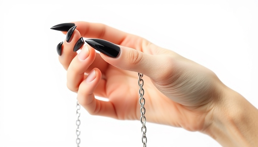 Hand with sharp black nails holding a silver chain.