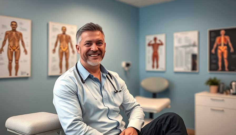 Chiropractor in clinic sitting on a chiropractic table, smiling confidently.
